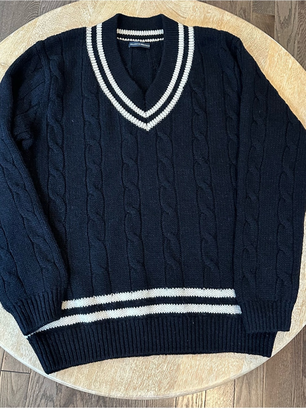 Brandy Melville Black Cable-Knit V-Neck Sweater with White Trim